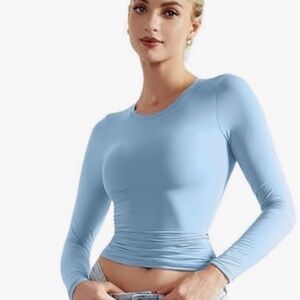 SUUKSESS Women Double Lined Fitted Basic T Shirts Crew Neck Long Sleeve Crop Top